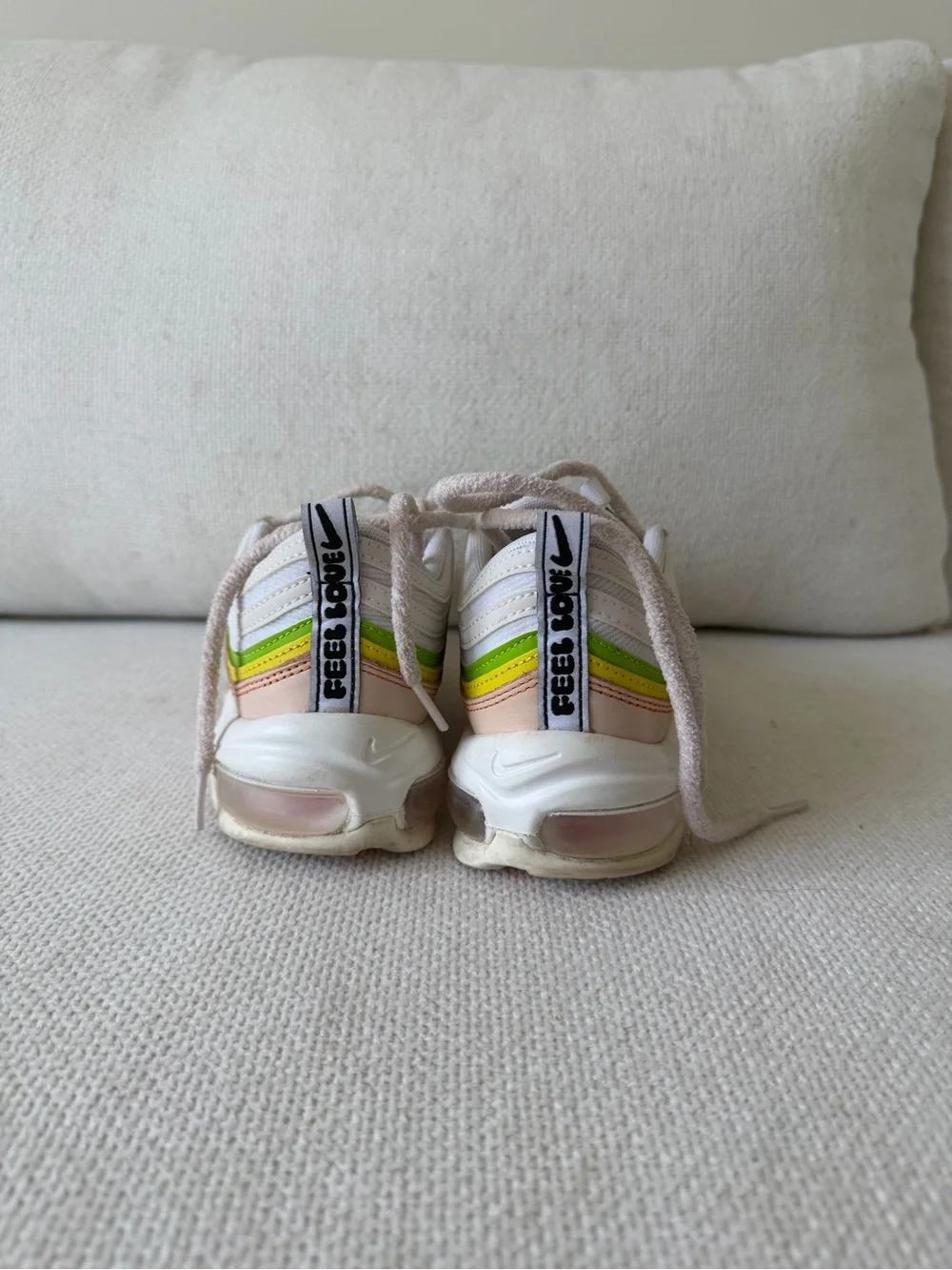 Nike Air Max 97 in Pastel Pink with Green & Yellow Stripes